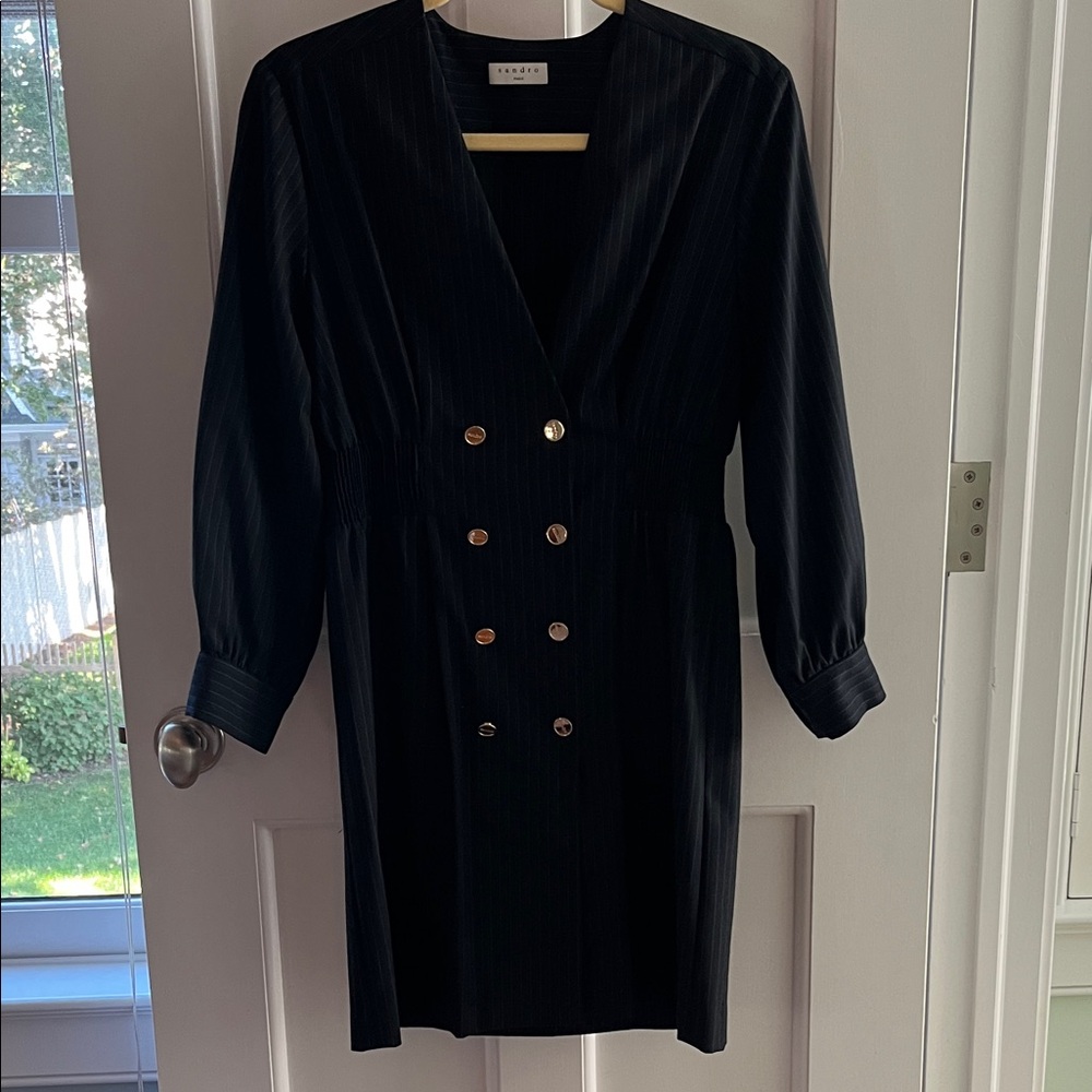 Sandro Black Long Sleeve Dress with Gold Buttons